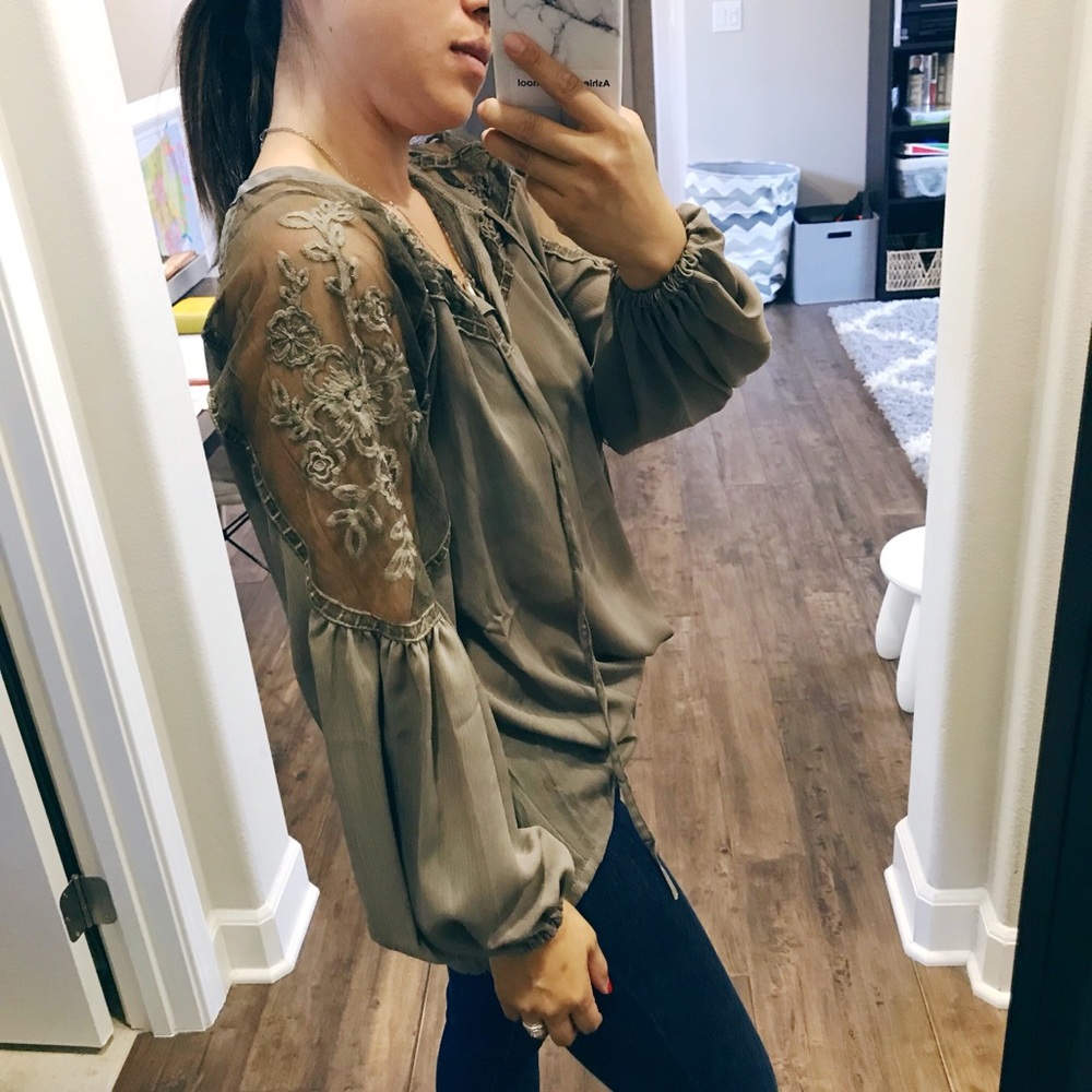 Warm olive green sheer blouse - Picture 3 of 6